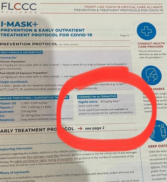 FLCCC Alliance page showing Ivermection Alternative is Nigella Sativa (Black Cumin Seed)